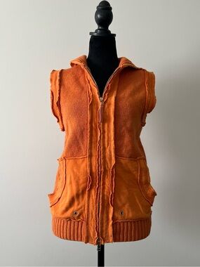 Cotton Wool Blend Sleeveless Orange Zip-Front Hoodie Vest